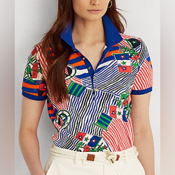 Lauren Ralph Lauren Print Piqué Polo Shirt multi-colored Sapphire Star women’s L - Picture 1 of 10
